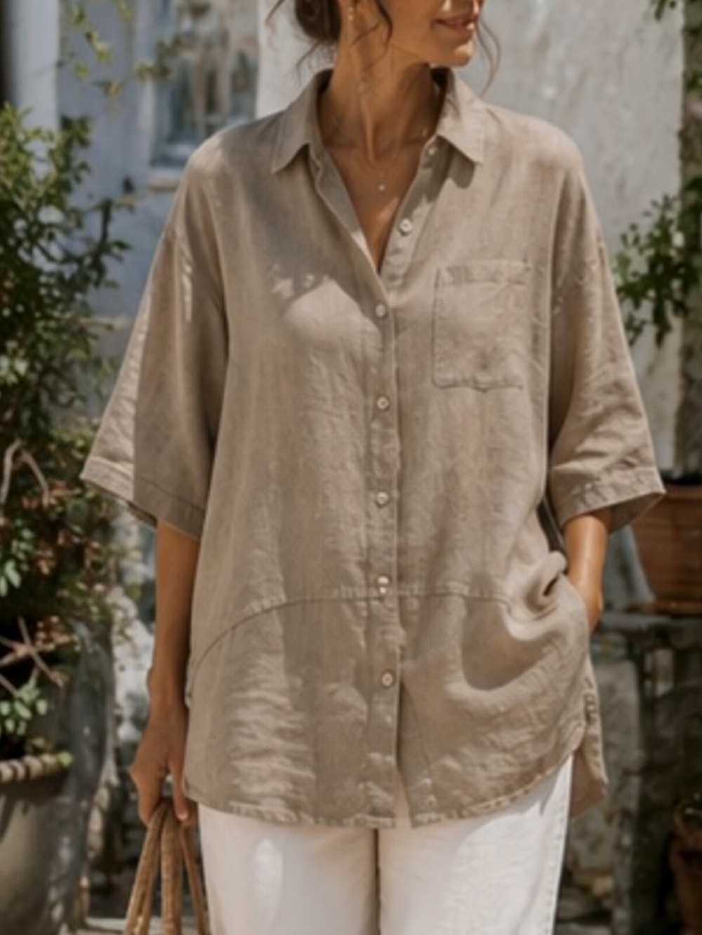 M Made in Italy  100% Linen Oversized Tunic Button Front Shirt Taupe L